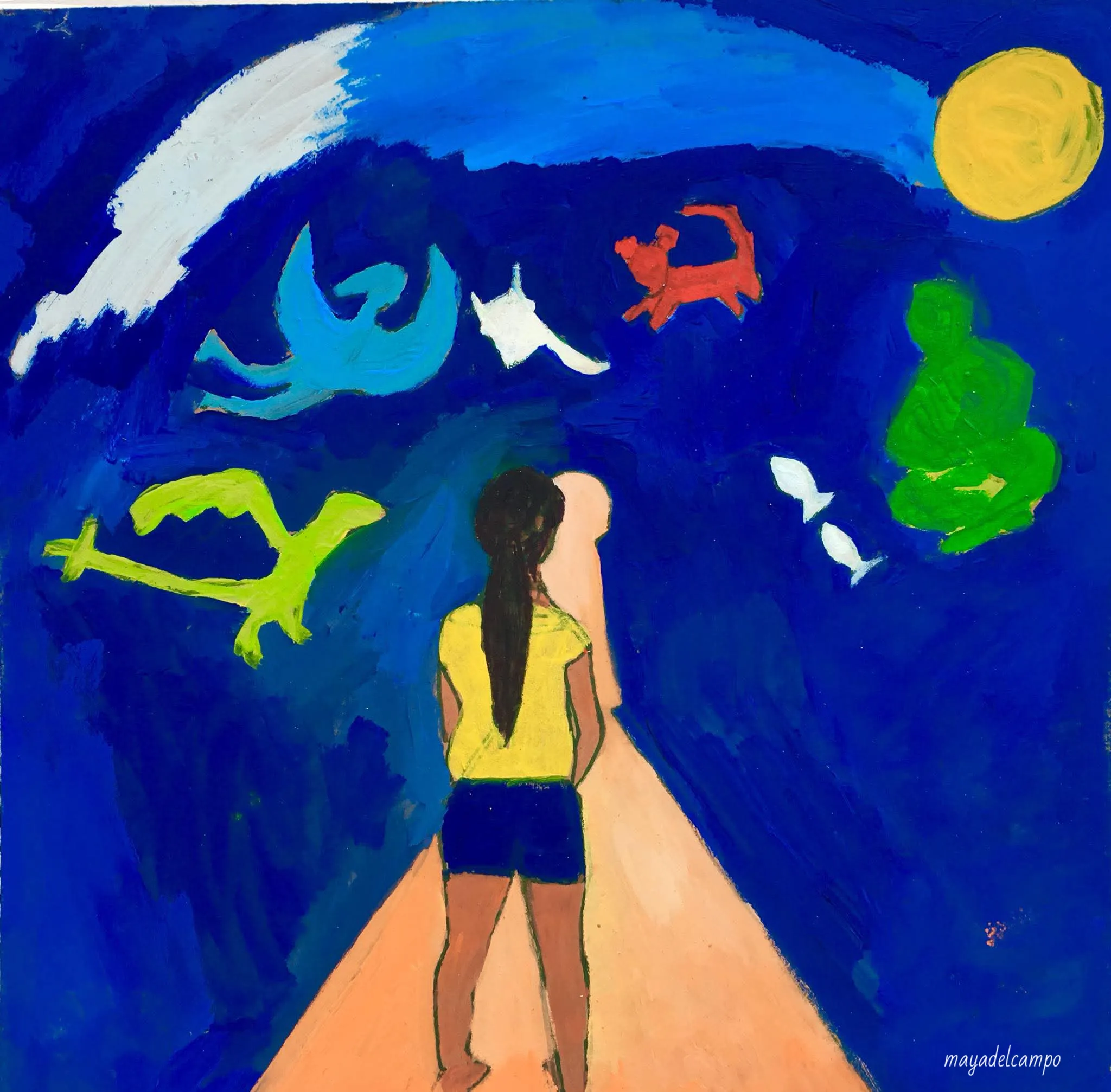 a painting of a young girl with a yellow t-shit and a blue short in front of a path surrounding by blue color and floating objects and animals