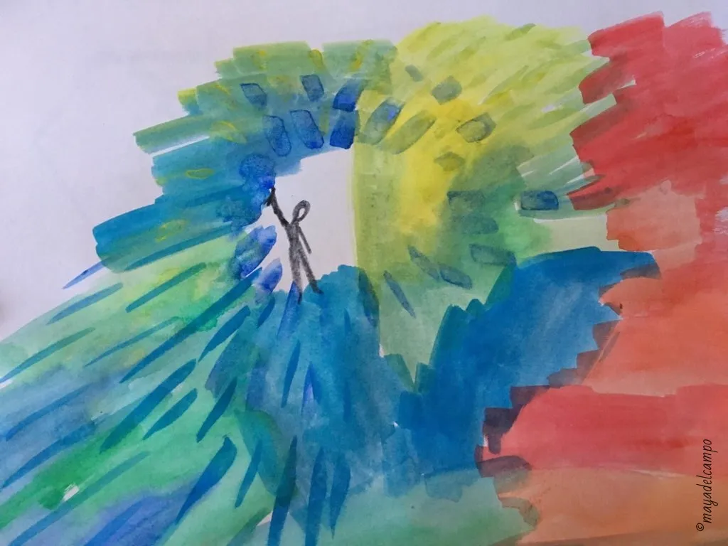 drawing of a stick figure with an arm raised and surrounded by a spiral of yellow, blue, green and red colors