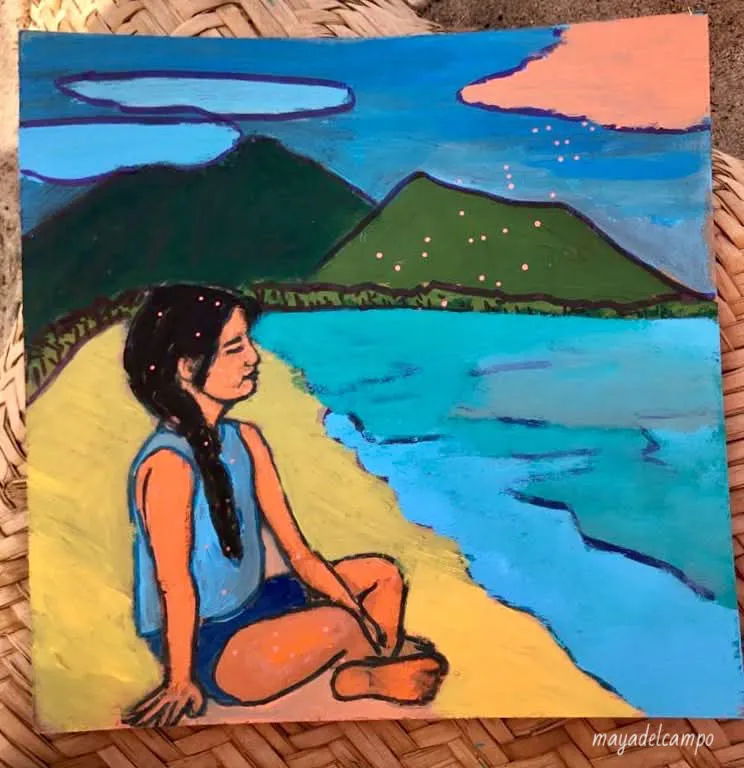 a painting of a young girl sitting on the beach